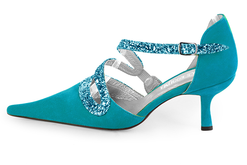 Turquoise blue women's open side shoes, with snake-shaped straps. Pointed toe. High slim heel. Profile view - Florence KOOIJMAN
